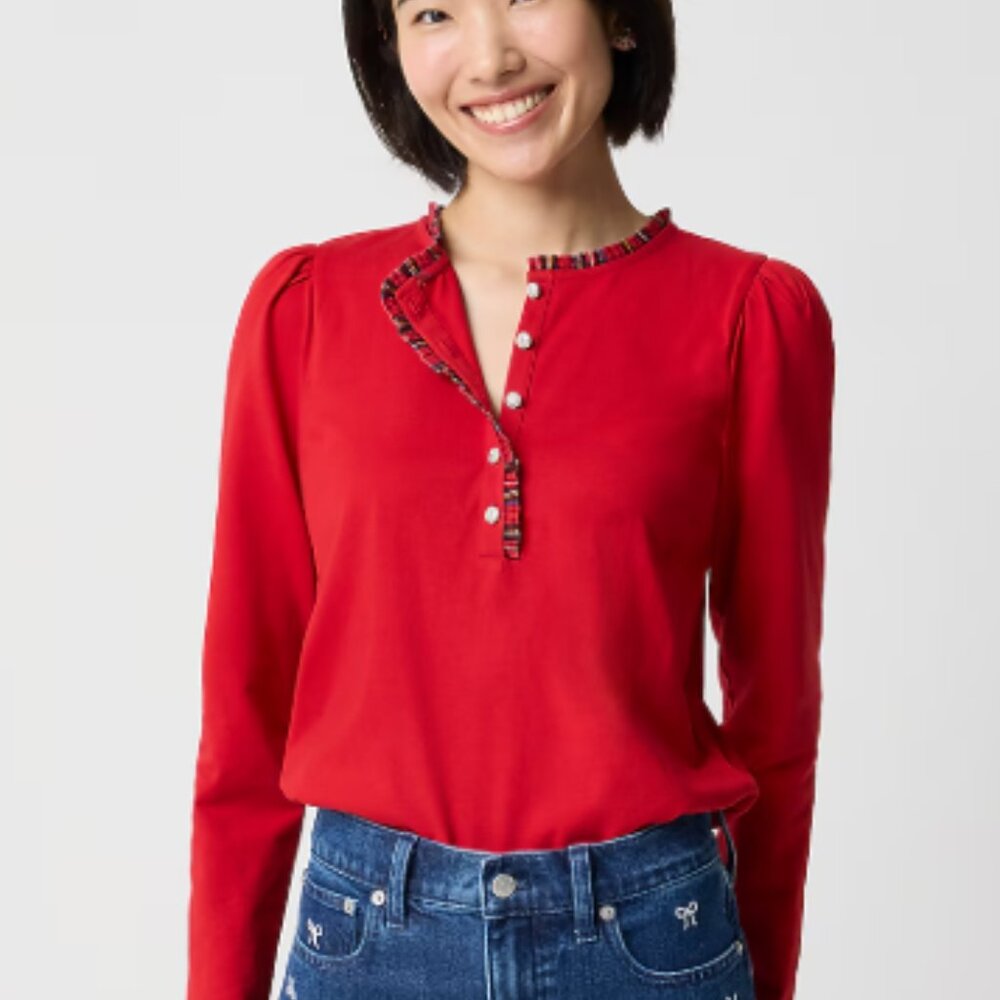 NWT J. Crew Tartan and Jewels Henley Top Red Festive Holiday Plaid Size Large
